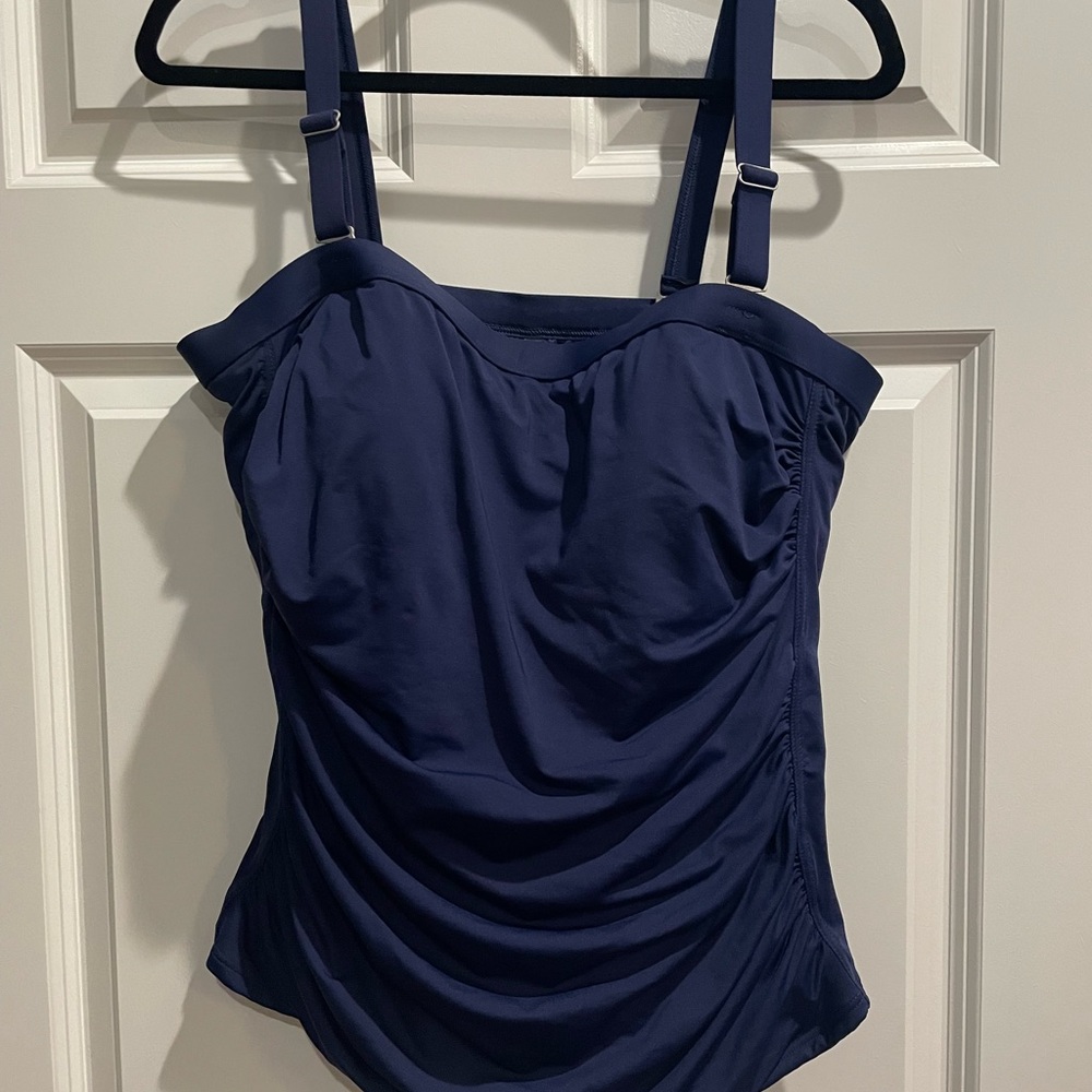 Lands’ End Shirred Tankini Top, Navy, Size 18W, Shelf Bra